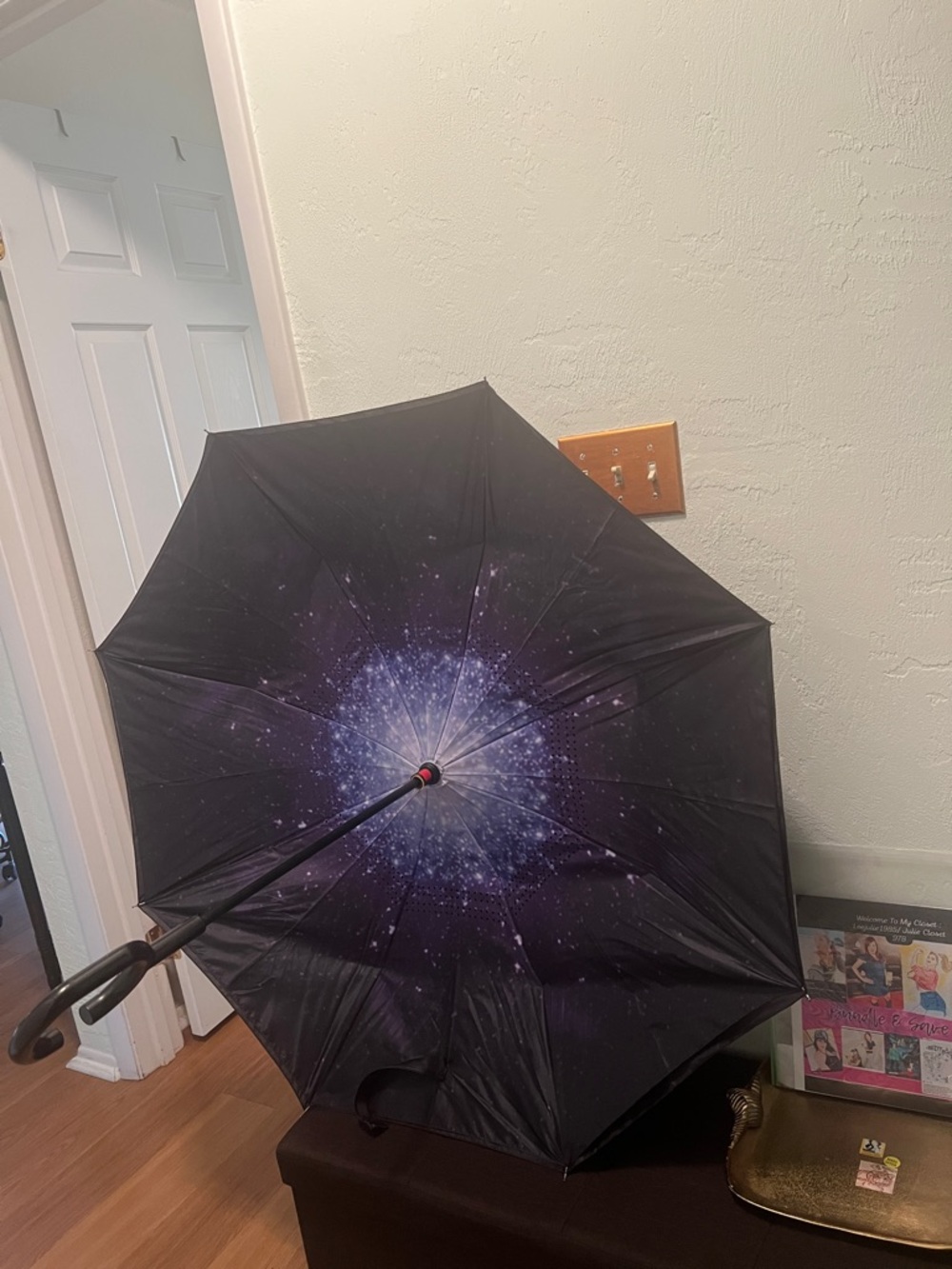 #1820* Galaxy Print Reverse Umbrella - Black & Purple - Picture 5 of 11